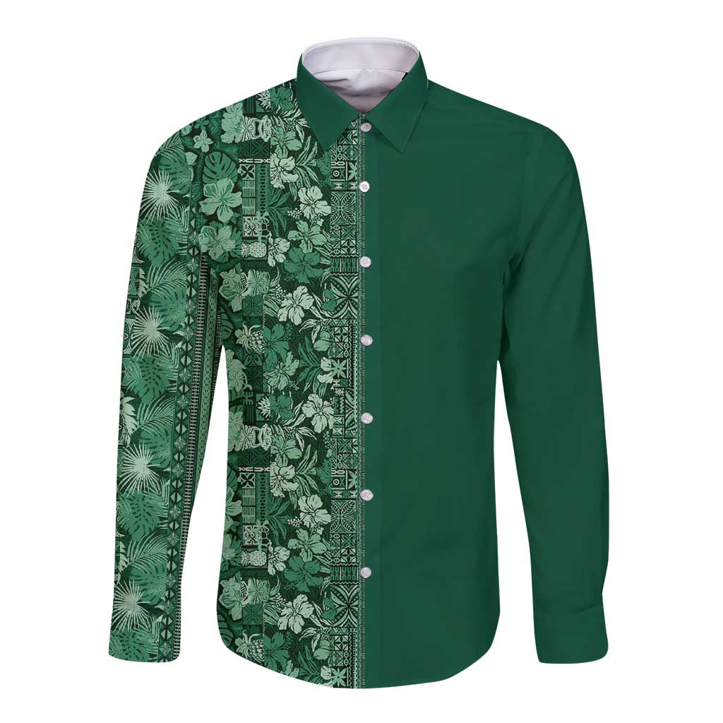 Hawaiian Tribal Elements Hibiscus Long Sleeve Button Shirt Green Pattern - Polynesian Pride