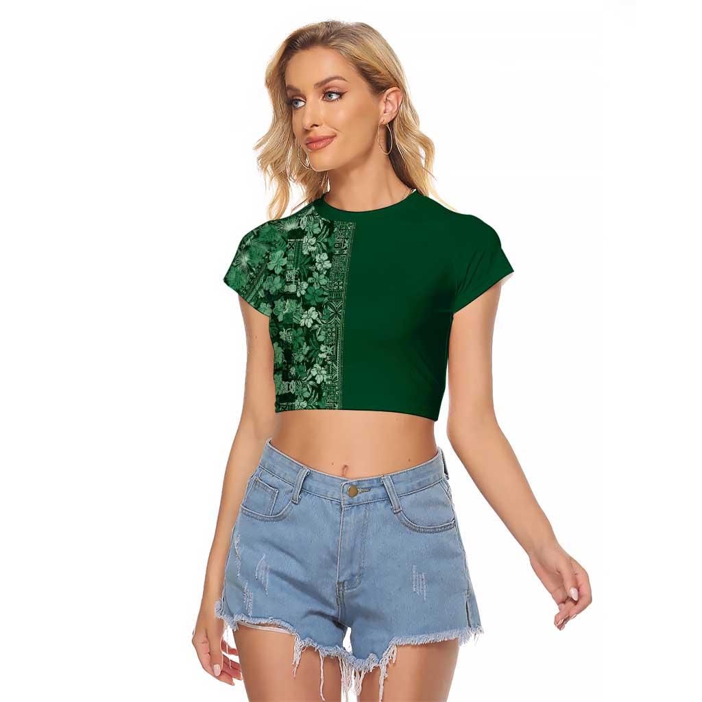 Hawaiian Tribal Elements Hibiscus Raglan Cropped T Shirt Green Pattern - Polynesian Pride