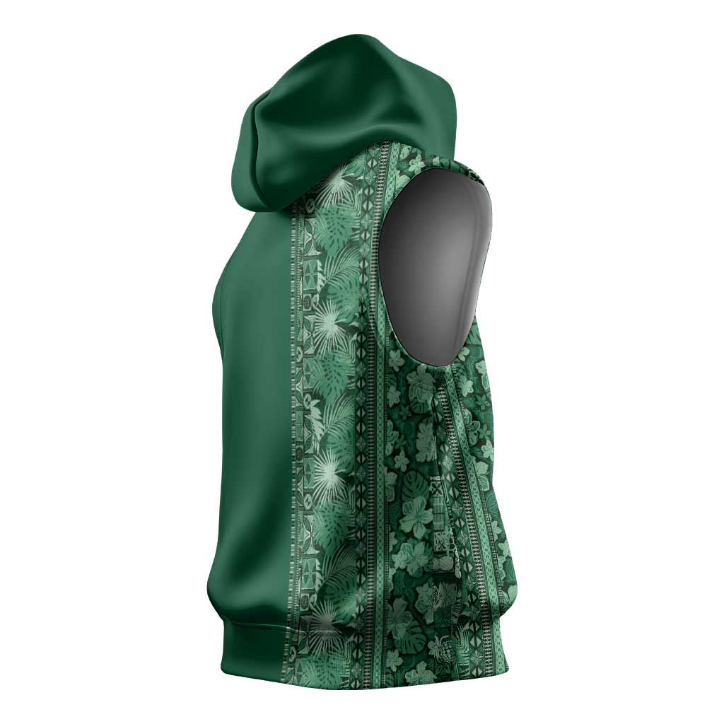 Hawaiian Tribal Elements Hibiscus Sleeveless Hoodie Green Pattern - Polynesian Pride