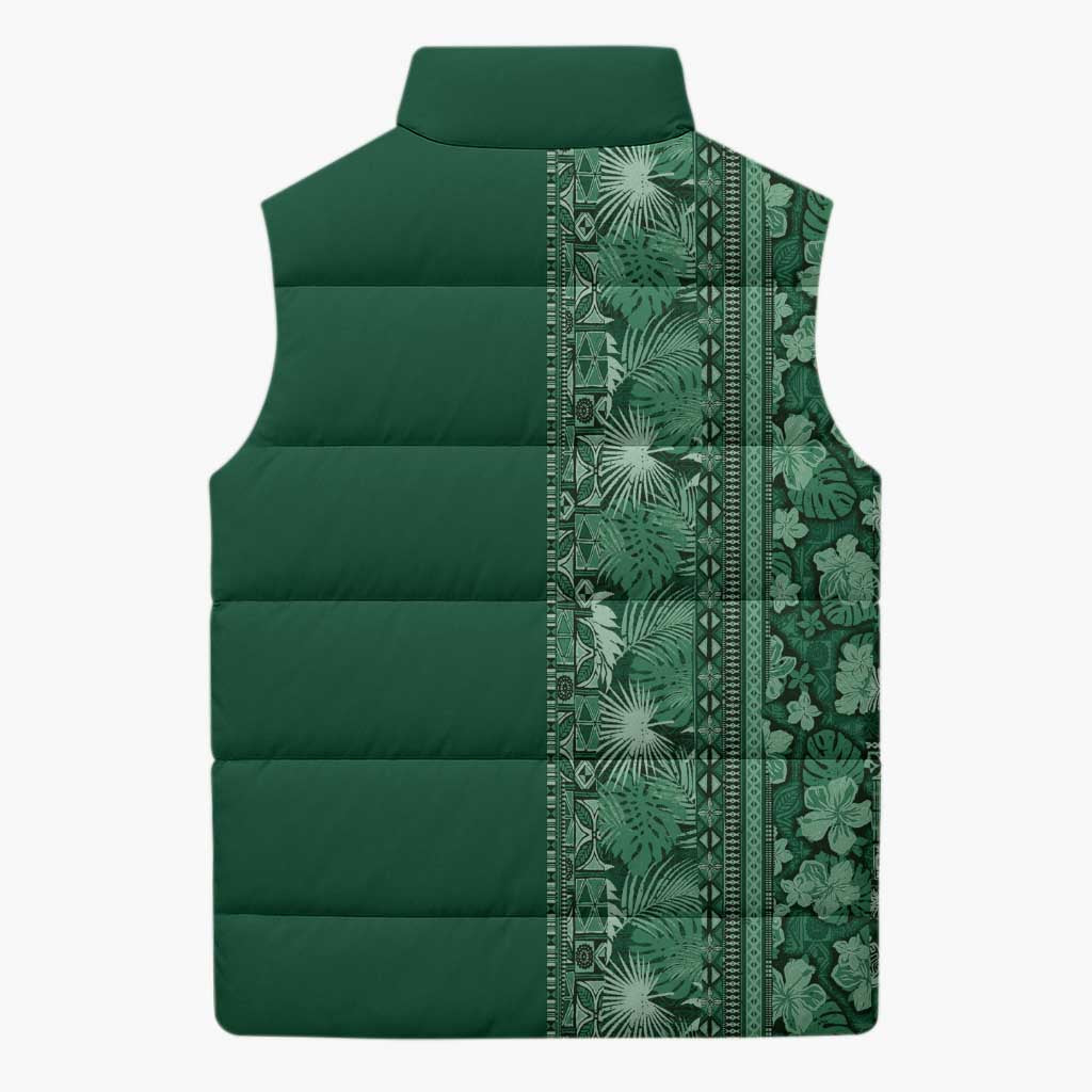 Hawaiian Tribal Elements Hibiscus Sleeveless Puffer Jacket Green Pattern - Polynesian Pride