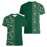 Hawaiian Tribal Elements Hibiscus Women V-Neck T-Shirt Green Pattern - Polynesian Pride