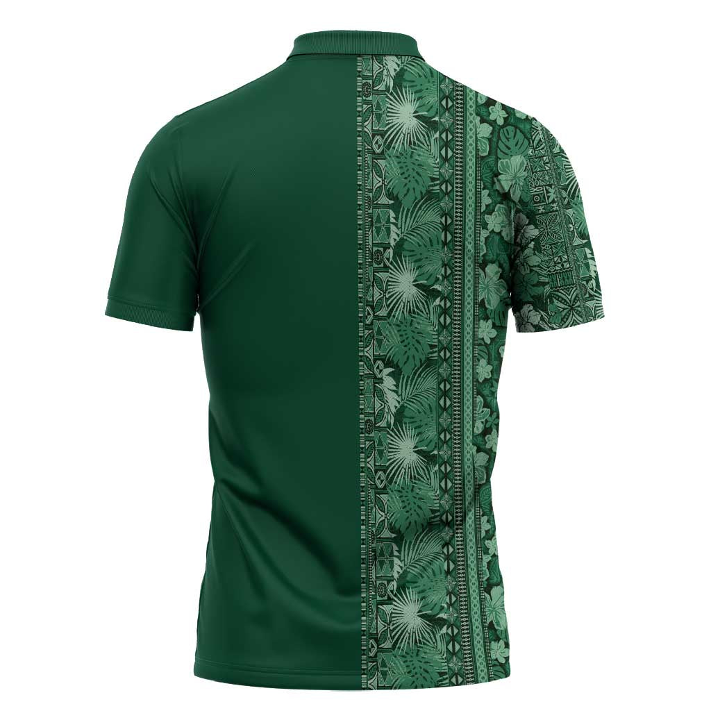 Hawaiian Tribal Elements Hibiscus Zipper Polo Shirt Green Pattern - Polynesian Pride