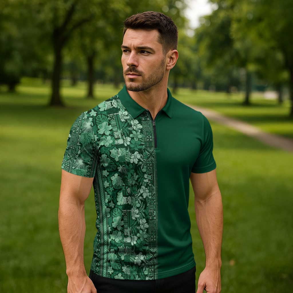 Hawaiian Tribal Elements Hibiscus Zipper Polo Shirt Green Pattern - Polynesian Pride