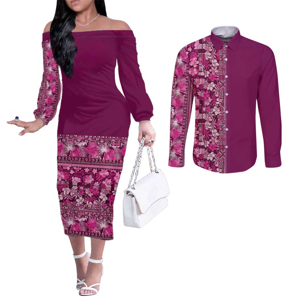 Hawaiian Tribal Elements Hibiscus Couples Matching Off The Shoulder Long Sleeve Dress and Long Sleeve Button Shirt Pink Pattern - Polynesian Pride