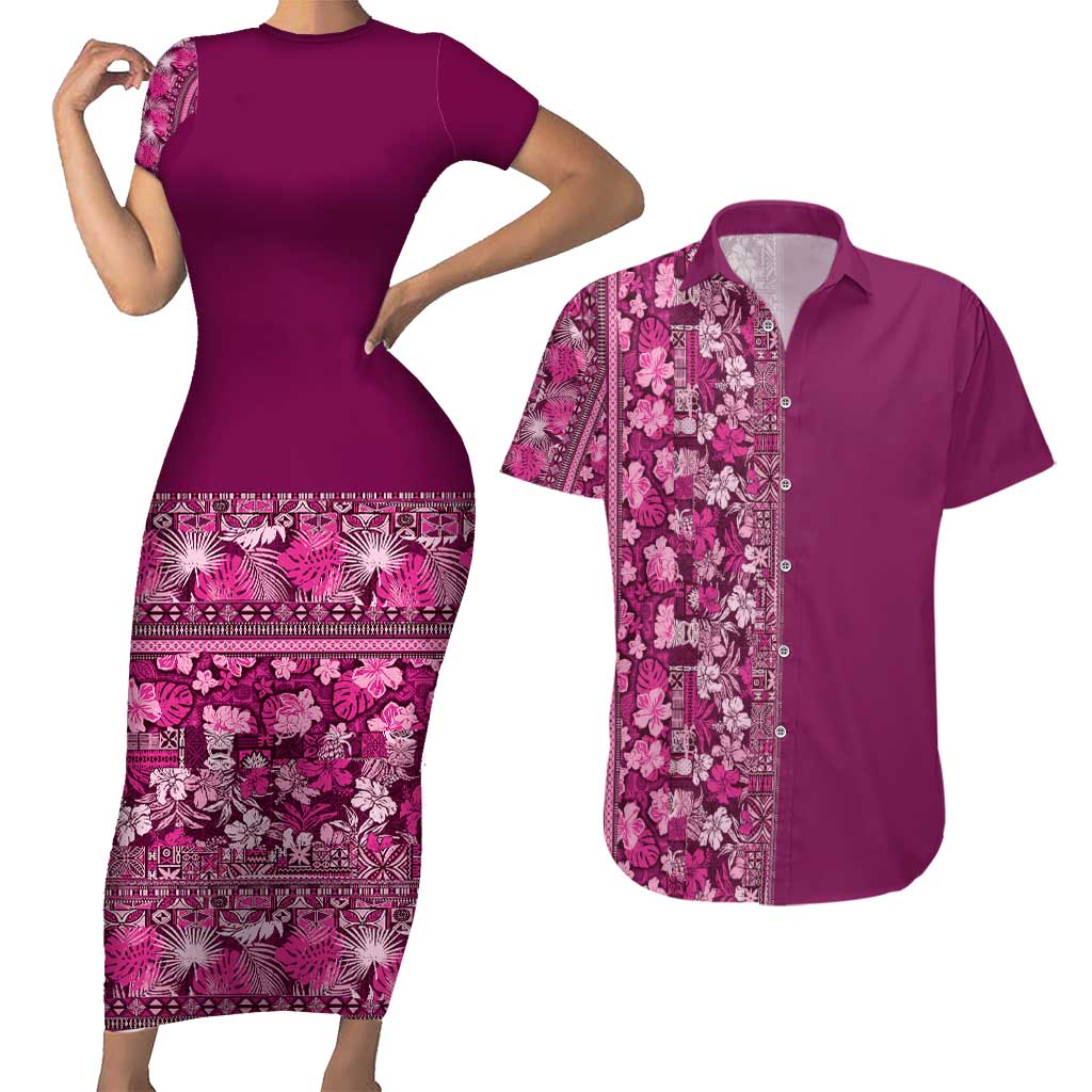 Hawaiian Tribal Elements Hibiscus Couples Matching Short Sleeve Bodycon Dress and Hawaiian Shirt Pink Pattern - Polynesian Pride