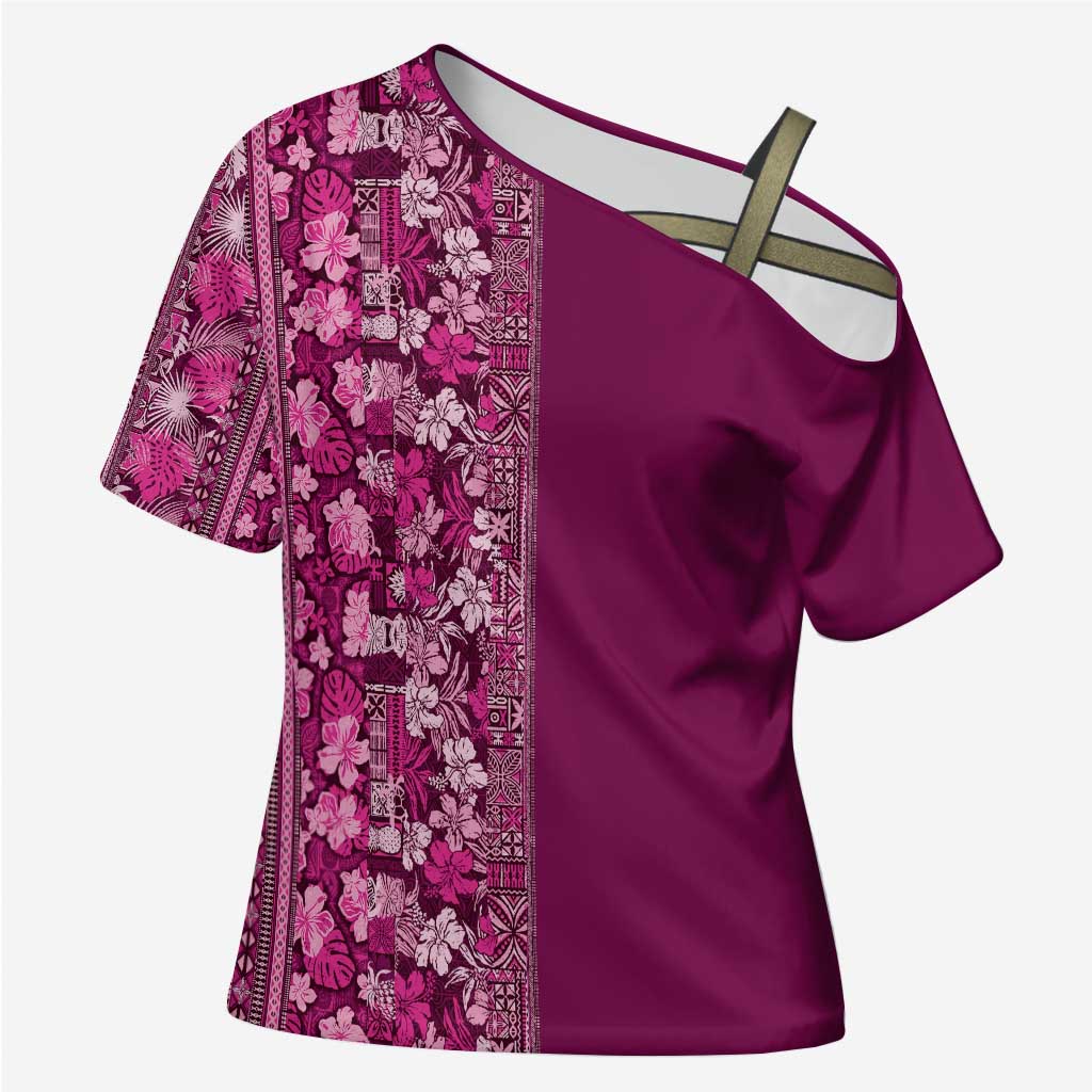 Hawaiian Tribal Elements Hibiscus Cross Shoulder Shirt Pink Pattern - Polynesian Pride