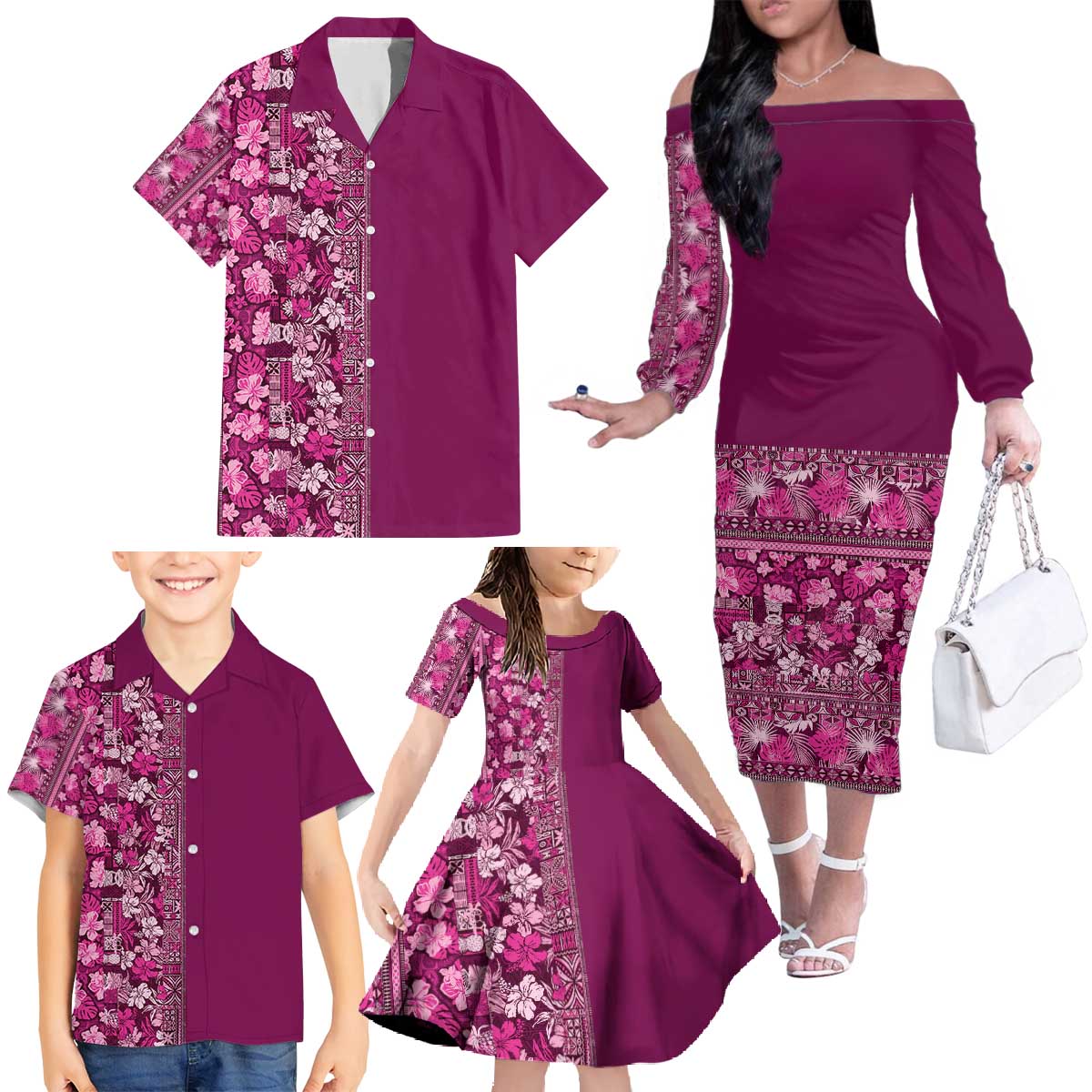 Hawaiian Tribal Elements Hibiscus Family Matching Off The Shoulder Long Sleeve Dress and Hawaiian Shirt Pink Pattern - Polynesian Pride