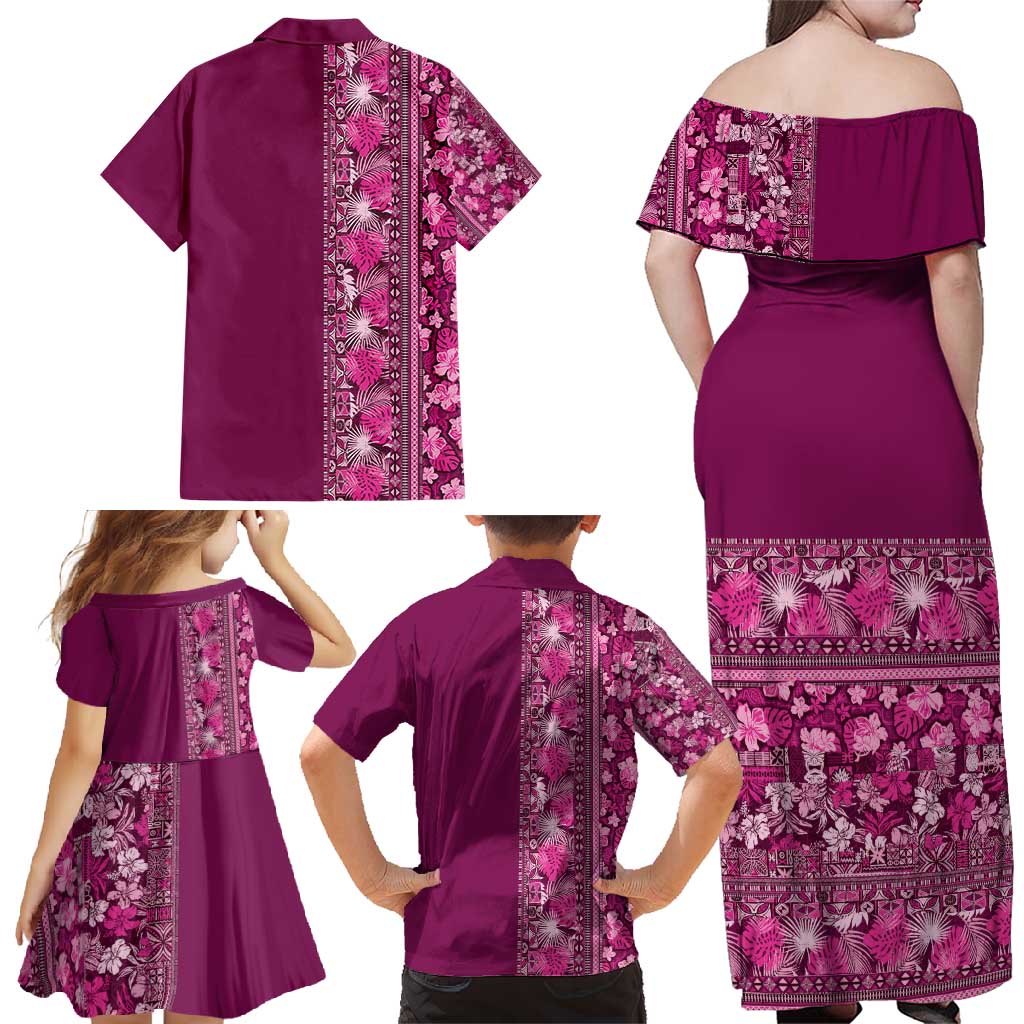 Hawaiian Tribal Elements Hibiscus Family Matching Off Shoulder Maxi Dress and Hawaiian Shirt Pink Pattern - Polynesian Pride