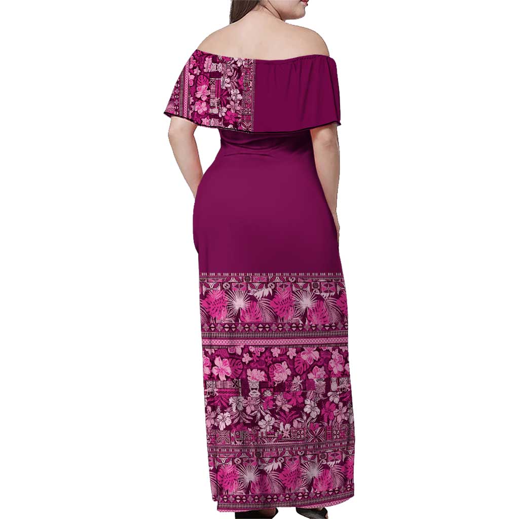 Hawaiian Tribal Elements Hibiscus Family Matching Off Shoulder Maxi Dress and Hawaiian Shirt Pink Pattern - Polynesian Pride