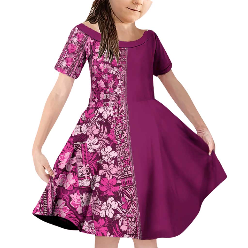 Hawaiian Tribal Elements Hibiscus Family Matching Off Shoulder Short Dress and Hawaiian Shirt Pink Pattern - Polynesian Pride