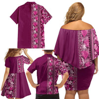 Hawaiian Tribal Elements Hibiscus Family Matching Off Shoulder Short Dress and Hawaiian Shirt Pink Pattern - Polynesian Pride