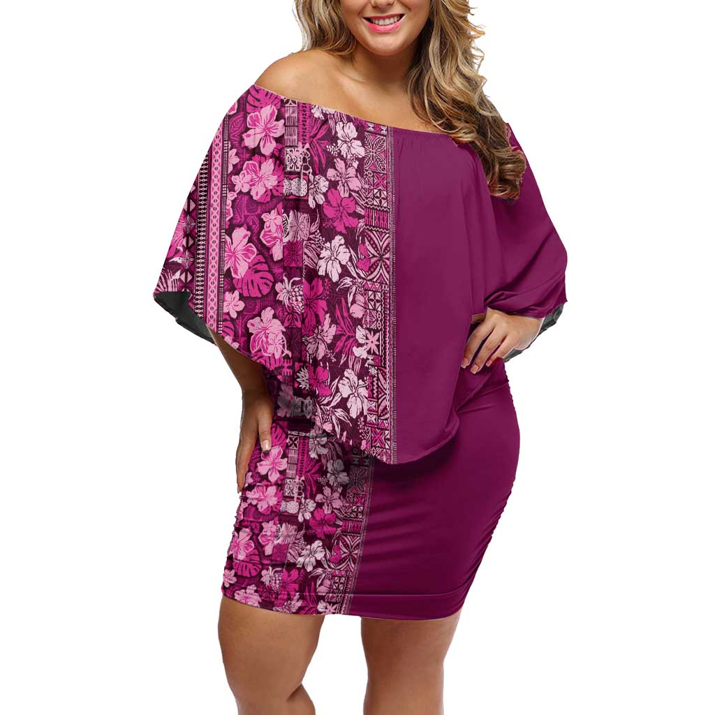 Hawaiian Tribal Elements Hibiscus Family Matching Off Shoulder Short Dress and Hawaiian Shirt Pink Pattern - Polynesian Pride