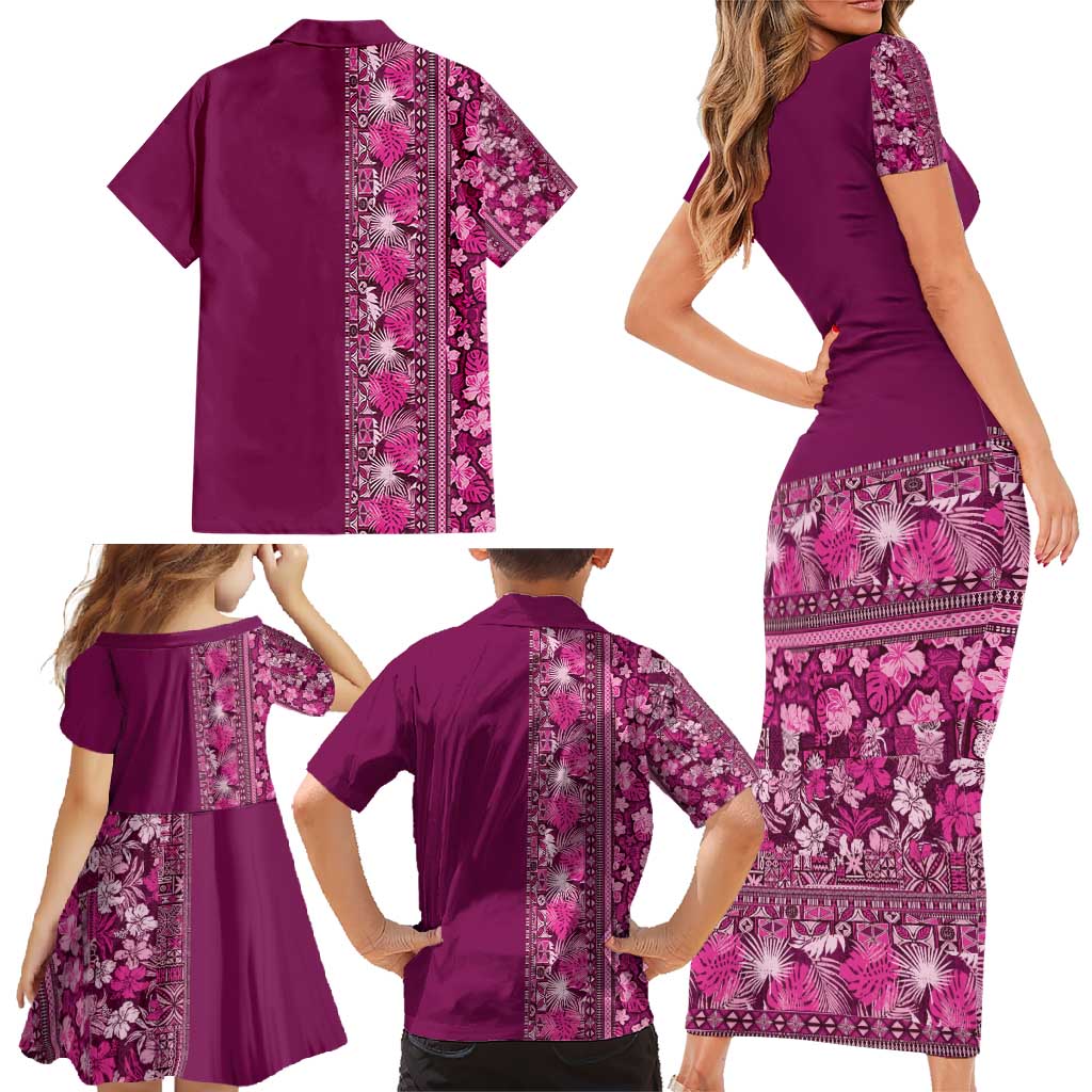 Hawaiian Tribal Elements Hibiscus Family Matching Short Sleeve Bodycon Dress and Hawaiian Shirt Pink Pattern - Polynesian Pride