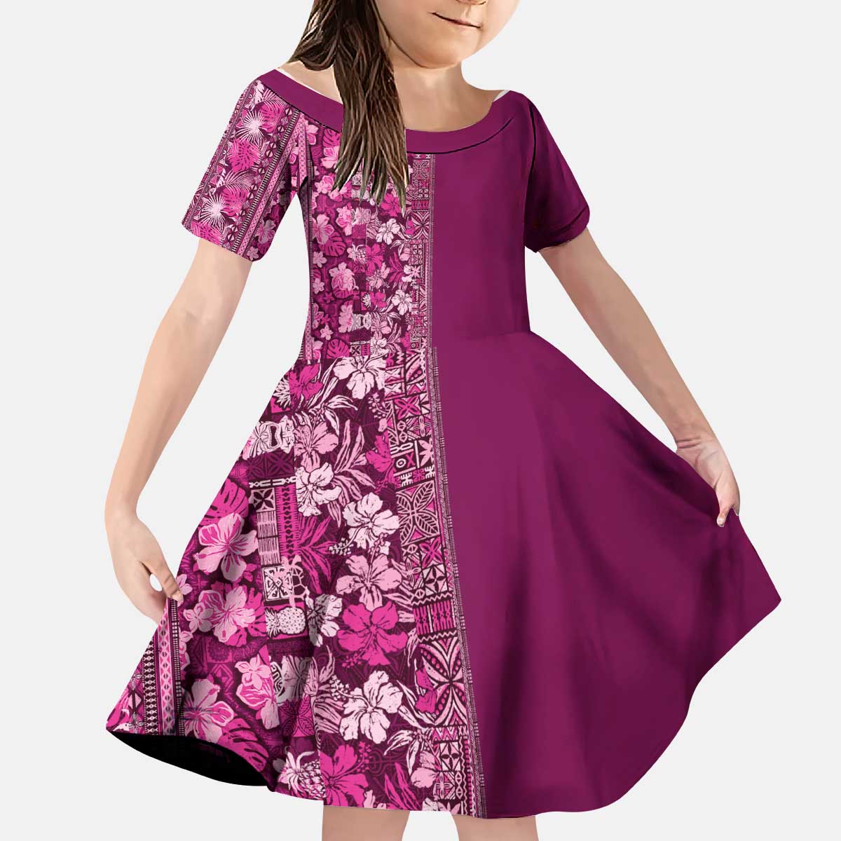 Hawaiian Tribal Elements Hibiscus Kid Short Sleeve Dress Pink Pattern - Polynesian Pride