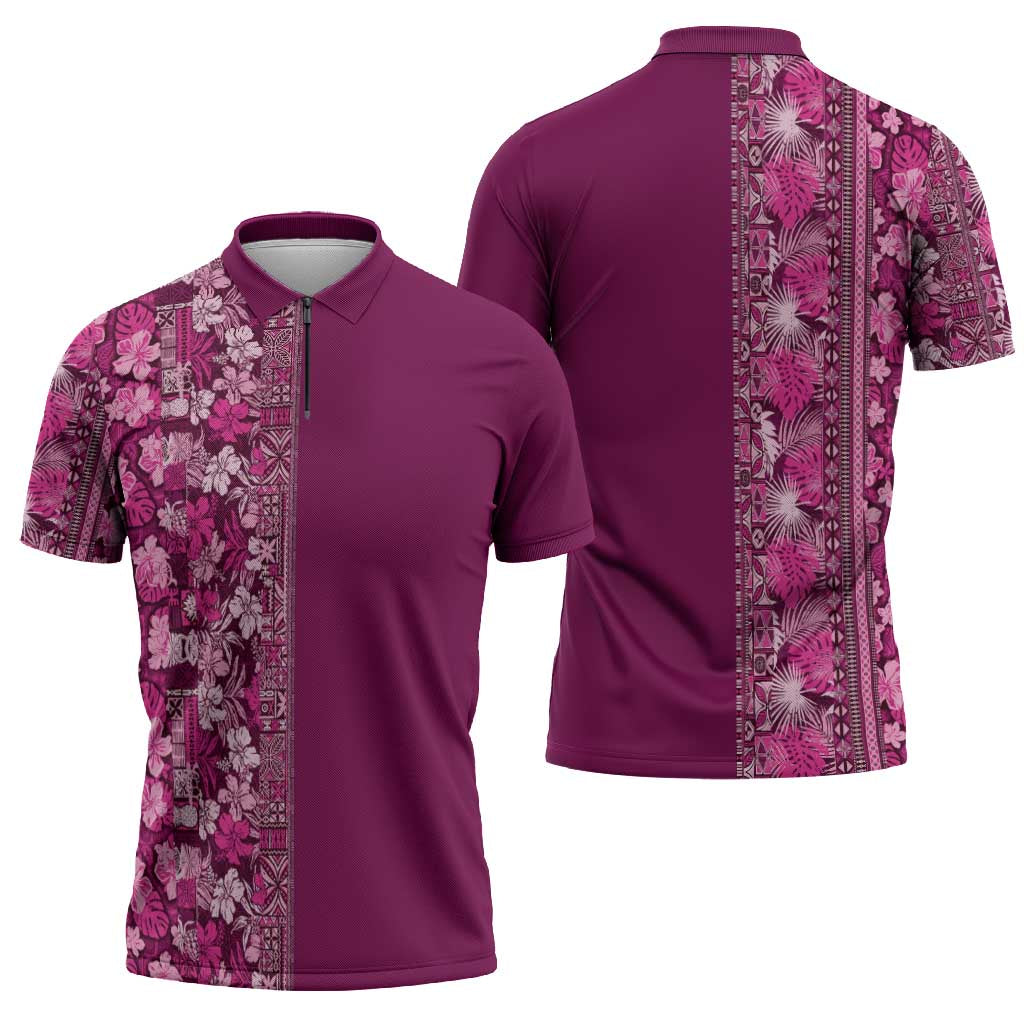 Hawaiian Tribal Elements Hibiscus Zipper Polo Shirt Pink Pattern - Polynesian Pride