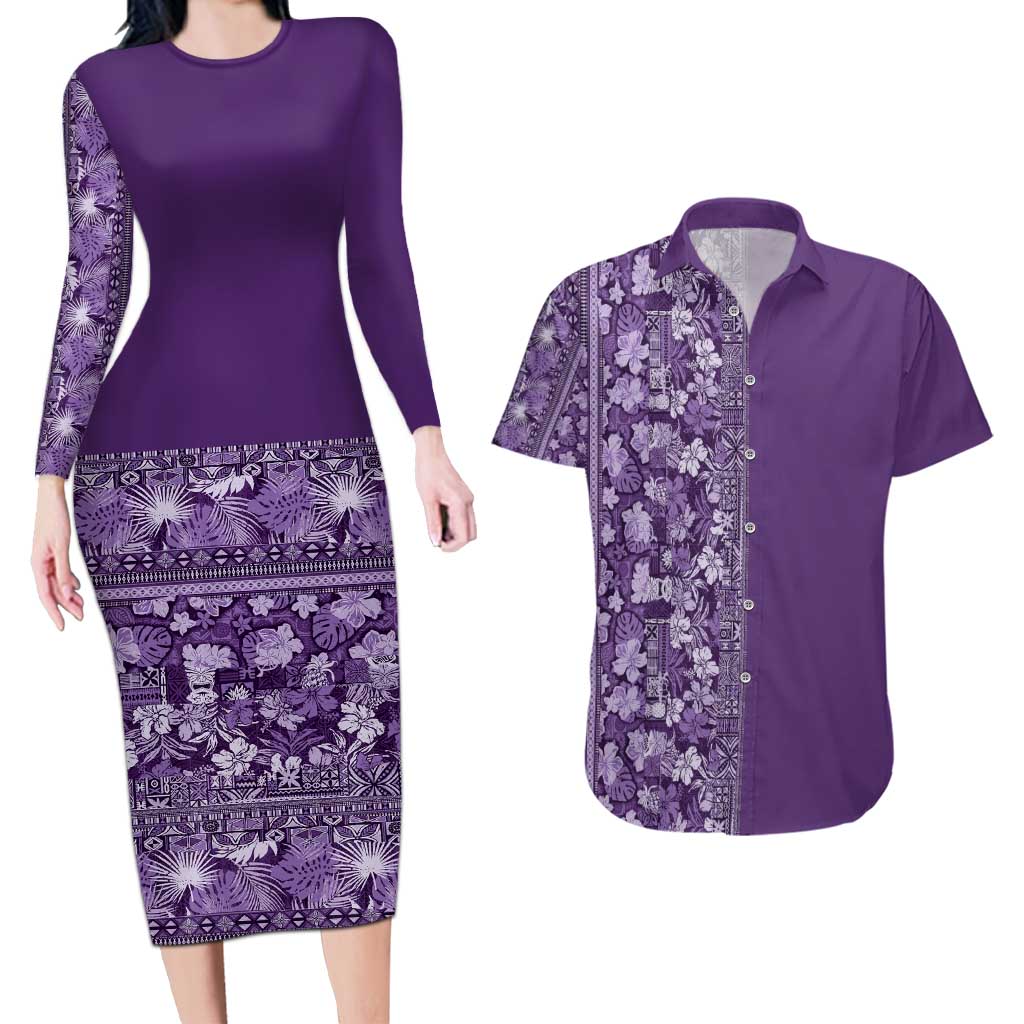 Hawaiian Tribal Elements Hibiscus Couples Matching Long Sleeve Bodycon Dress and Hawaiian Shirt Purple Pattern - Polynesian Pride