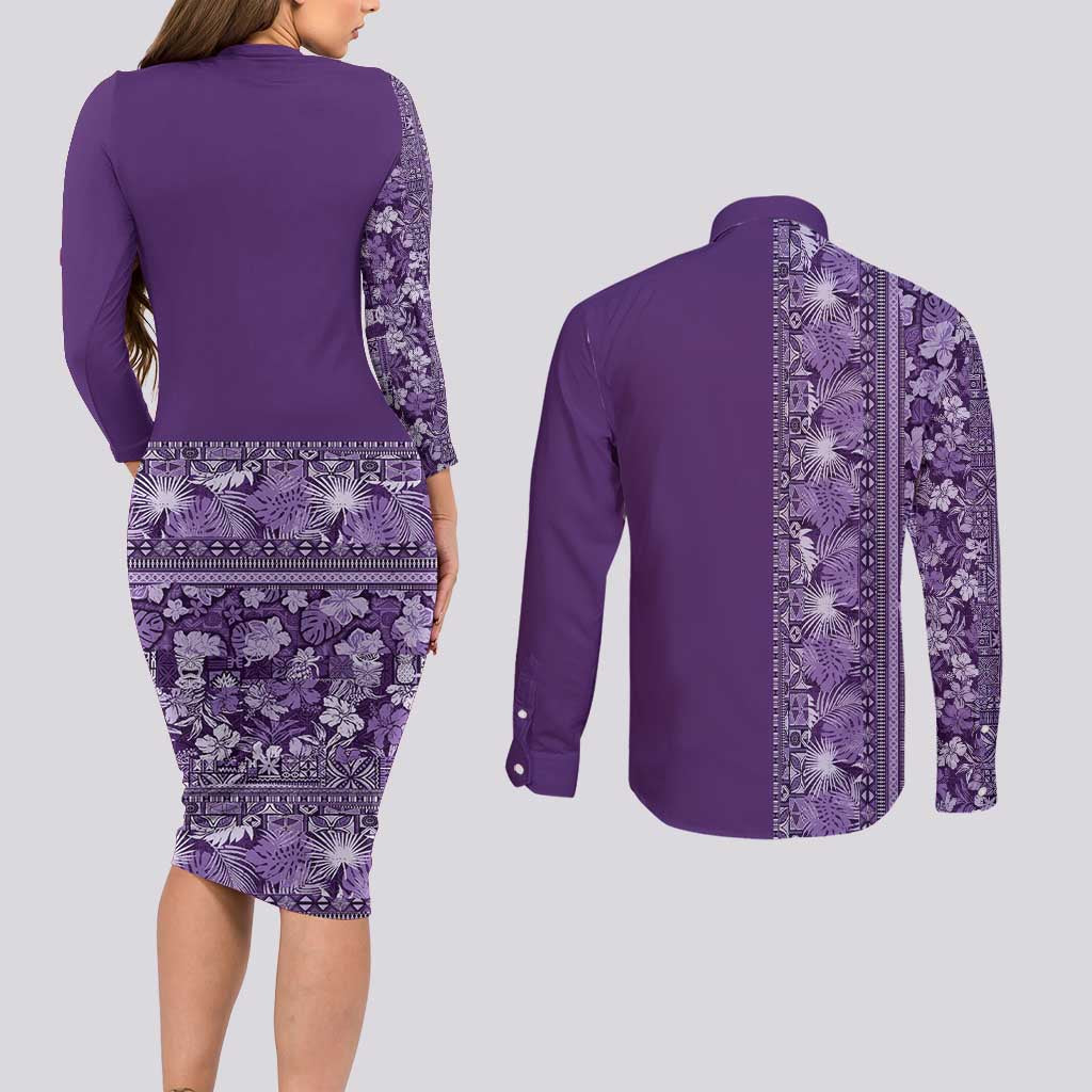 Hawaiian Tribal Elements Hibiscus Couples Matching Long Sleeve Bodycon Dress and Long Sleeve Button Shirt Purple Pattern - Polynesian Pride