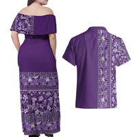 Hawaiian Tribal Elements Hibiscus Couples Matching Off Shoulder Maxi Dress and Hawaiian Shirt Purple Pattern - Polynesian Pride