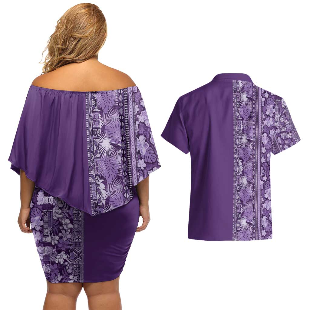 Hawaiian Tribal Elements Hibiscus Couples Matching Off Shoulder Short Dress and Hawaiian Shirt Purple Pattern - Polynesian Pride