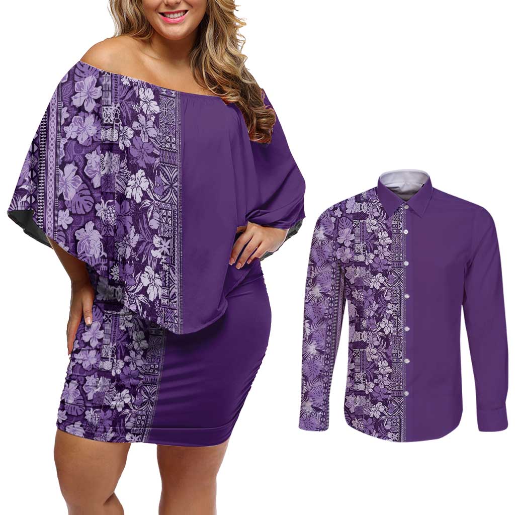 Hawaiian Tribal Elements Hibiscus Couples Matching Off Shoulder Short Dress and Long Sleeve Button Shirt Purple Pattern - Polynesian Pride