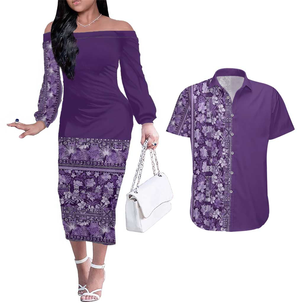 Hawaiian Tribal Elements Hibiscus Couples Matching Off The Shoulder Long Sleeve Dress and Hawaiian Shirt Purple Pattern - Polynesian Pride