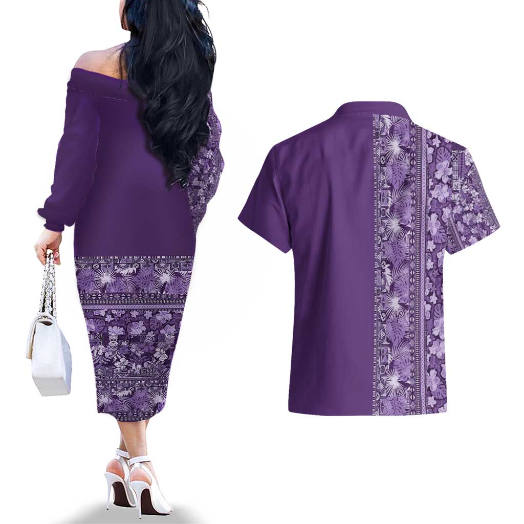 Hawaiian Tribal Elements Hibiscus Couples Matching Off The Shoulder Long Sleeve Dress and Hawaiian Shirt Purple Pattern - Polynesian Pride
