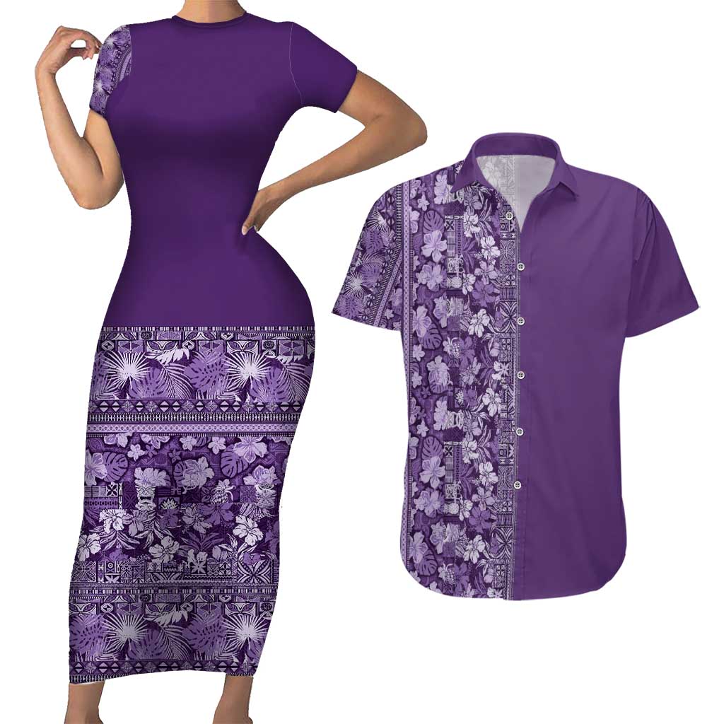Hawaiian Tribal Elements Hibiscus Couples Matching Short Sleeve Bodycon Dress and Hawaiian Shirt Purple Pattern - Polynesian Pride