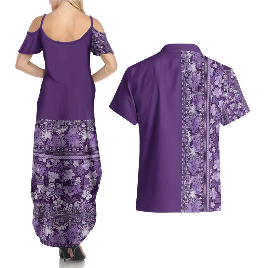 Hawaiian Tribal Elements Hibiscus Couples Matching Summer Maxi Dress and Hawaiian Shirt Purple Pattern - Polynesian Pride