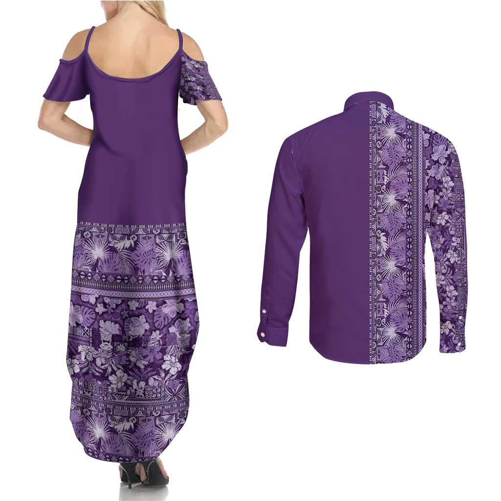 Hawaiian Tribal Elements Hibiscus Couples Matching Summer Maxi Dress and Long Sleeve Button Shirt Purple Pattern - Polynesian Pride