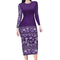 Hawaiian Tribal Elements Hibiscus Family Matching Long Sleeve Bodycon Dress and Hawaiian Shirt Purple Pattern - Polynesian Pride