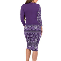 Hawaiian Tribal Elements Hibiscus Family Matching Long Sleeve Bodycon Dress and Hawaiian Shirt Purple Pattern - Polynesian Pride