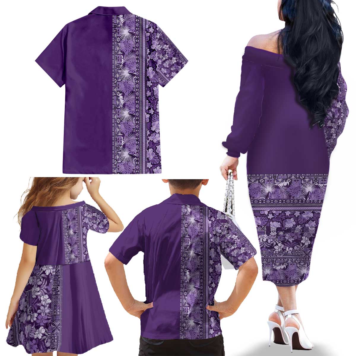Hawaiian Tribal Elements Hibiscus Family Matching Off The Shoulder Long Sleeve Dress and Hawaiian Shirt Purple Pattern - Polynesian Pride