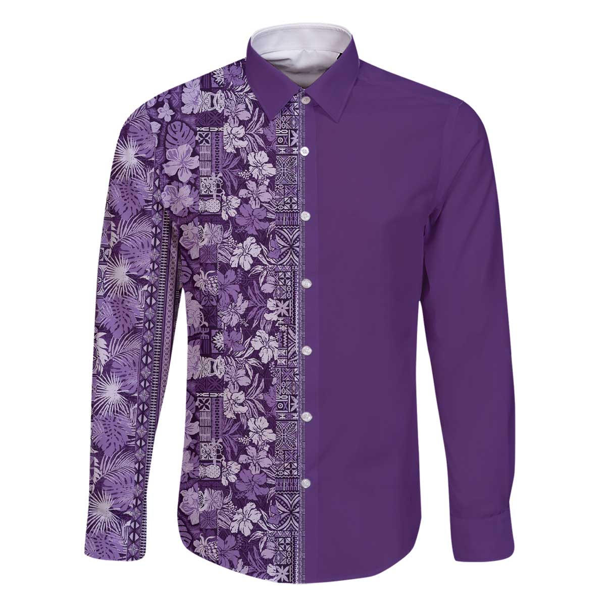 Hawaiian Tribal Elements Hibiscus Family Matching Off The Shoulder Long Sleeve Dress and Hawaiian Shirt Purple Pattern - Polynesian Pride
