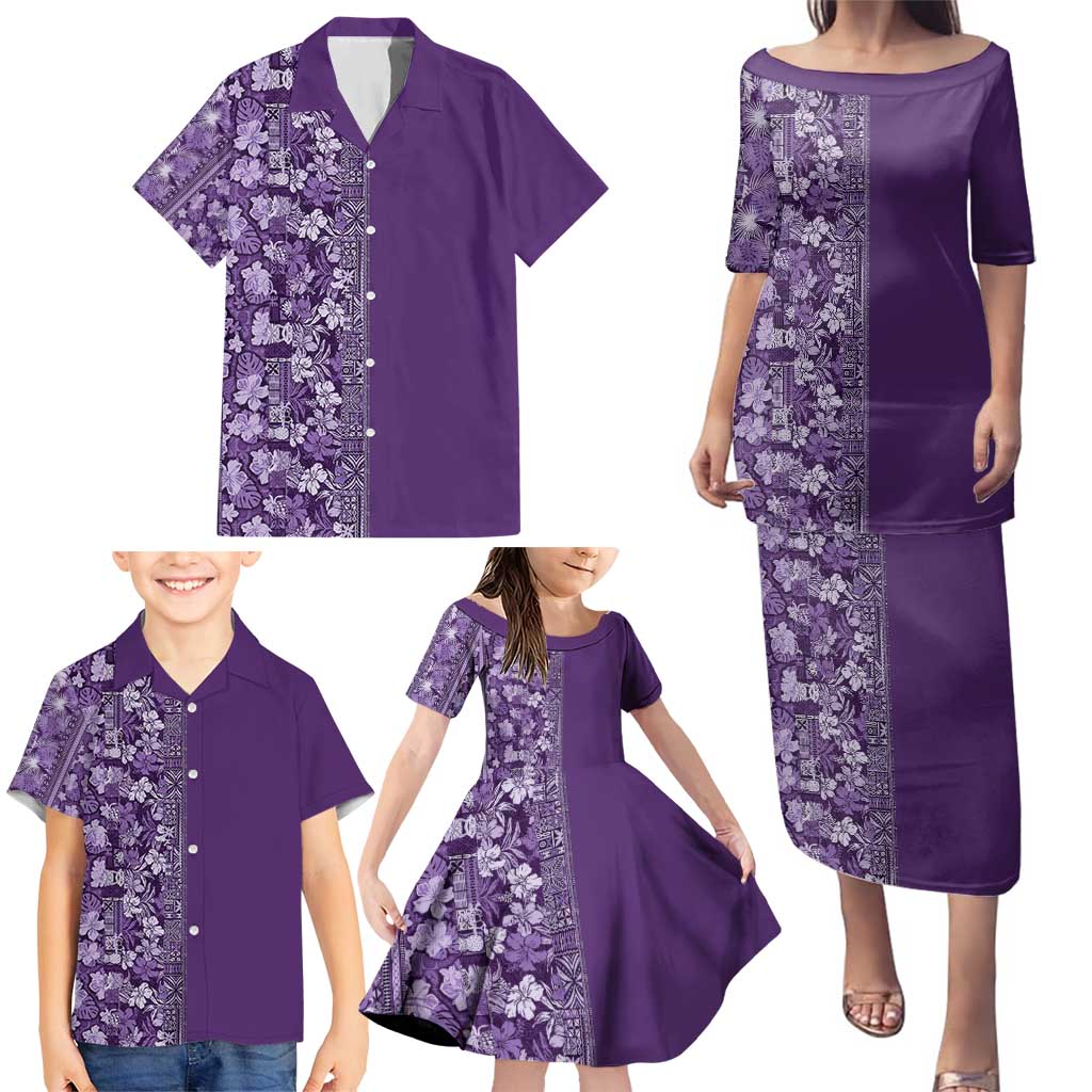 Hawaiian Tribal Elements Hibiscus Family Matching Puletasi and Hawaiian Shirt Purple Pattern - Polynesian Pride