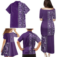 Hawaiian Tribal Elements Hibiscus Family Matching Puletasi and Hawaiian Shirt Purple Pattern - Polynesian Pride