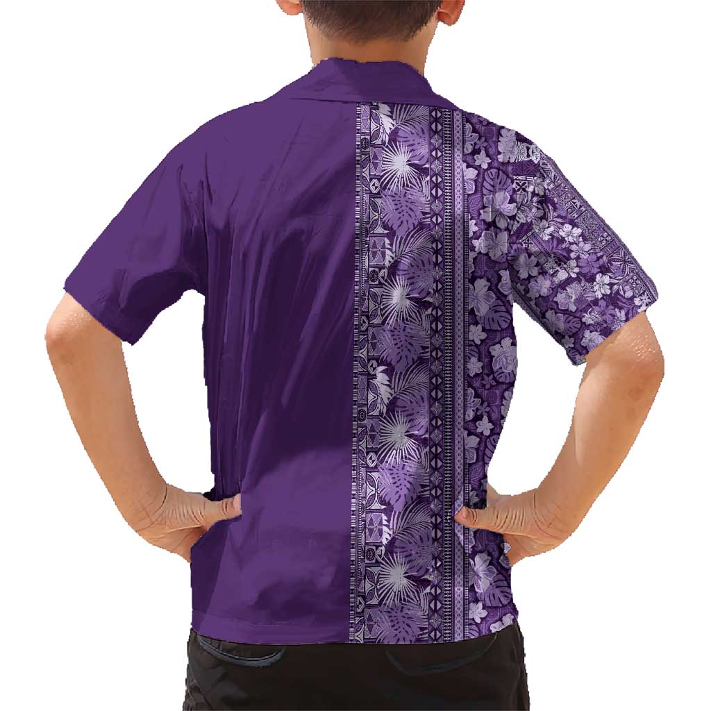 Hawaiian Tribal Elements Hibiscus Family Matching Short Sleeve Bodycon Dress and Hawaiian Shirt Purple Pattern - Polynesian Pride