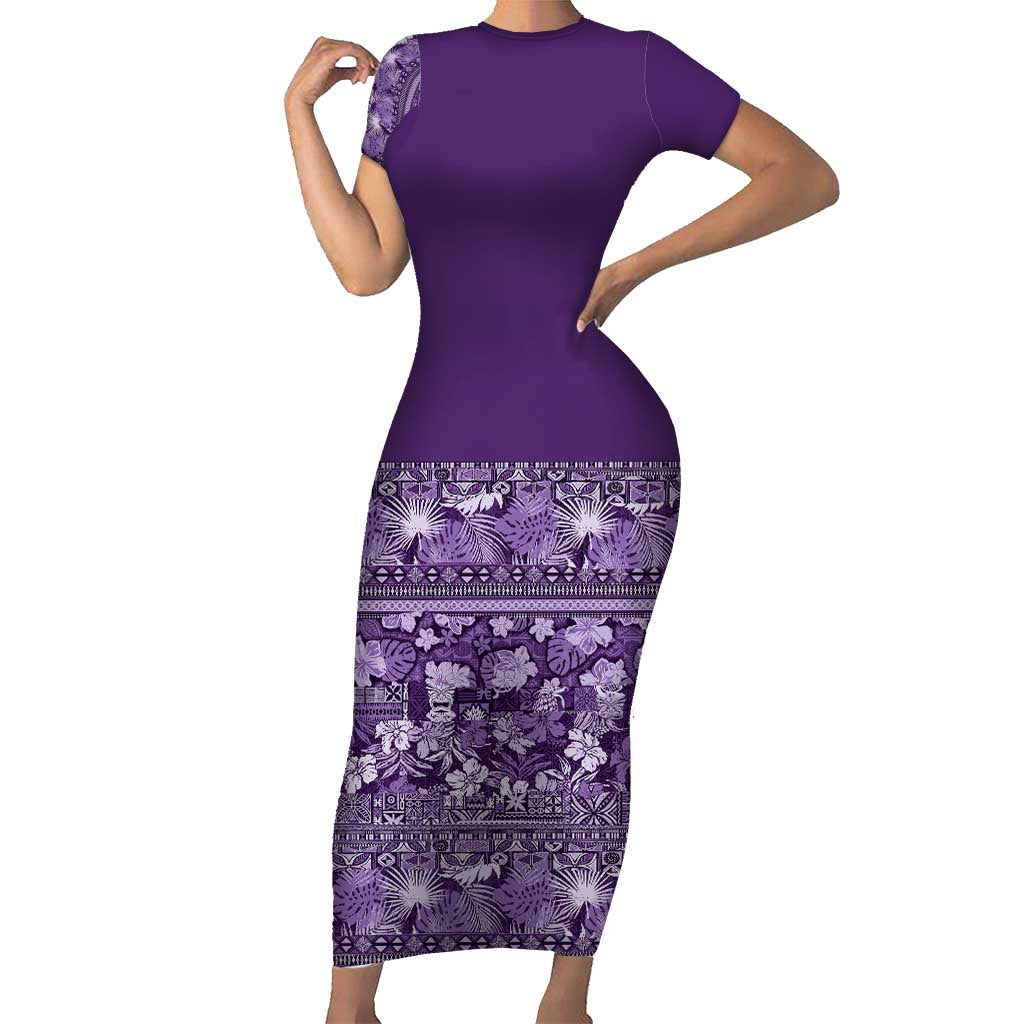 Hawaiian Tribal Elements Hibiscus Family Matching Short Sleeve Bodycon Dress and Hawaiian Shirt Purple Pattern - Polynesian Pride