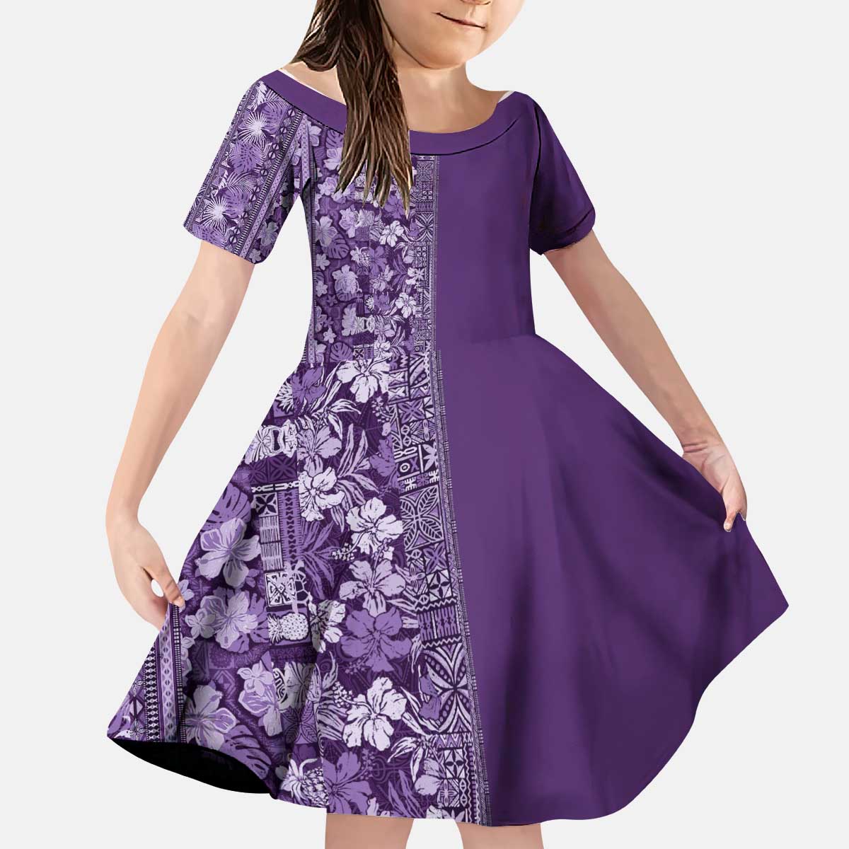Hawaiian Tribal Elements Hibiscus Kid Short Sleeve Dress Purple Pattern - Polynesian Pride
