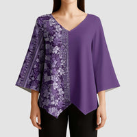 Hawaiian Tribal Elements Hibiscus Kimono Sleeve Blouse Purple Pattern - Polynesian Pride