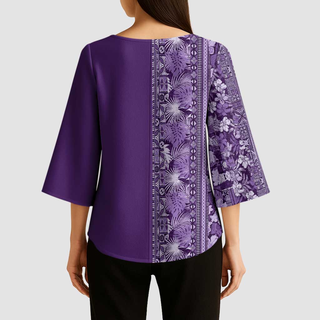 Hawaiian Tribal Elements Hibiscus Kimono Sleeve Blouse Purple Pattern - Polynesian Pride