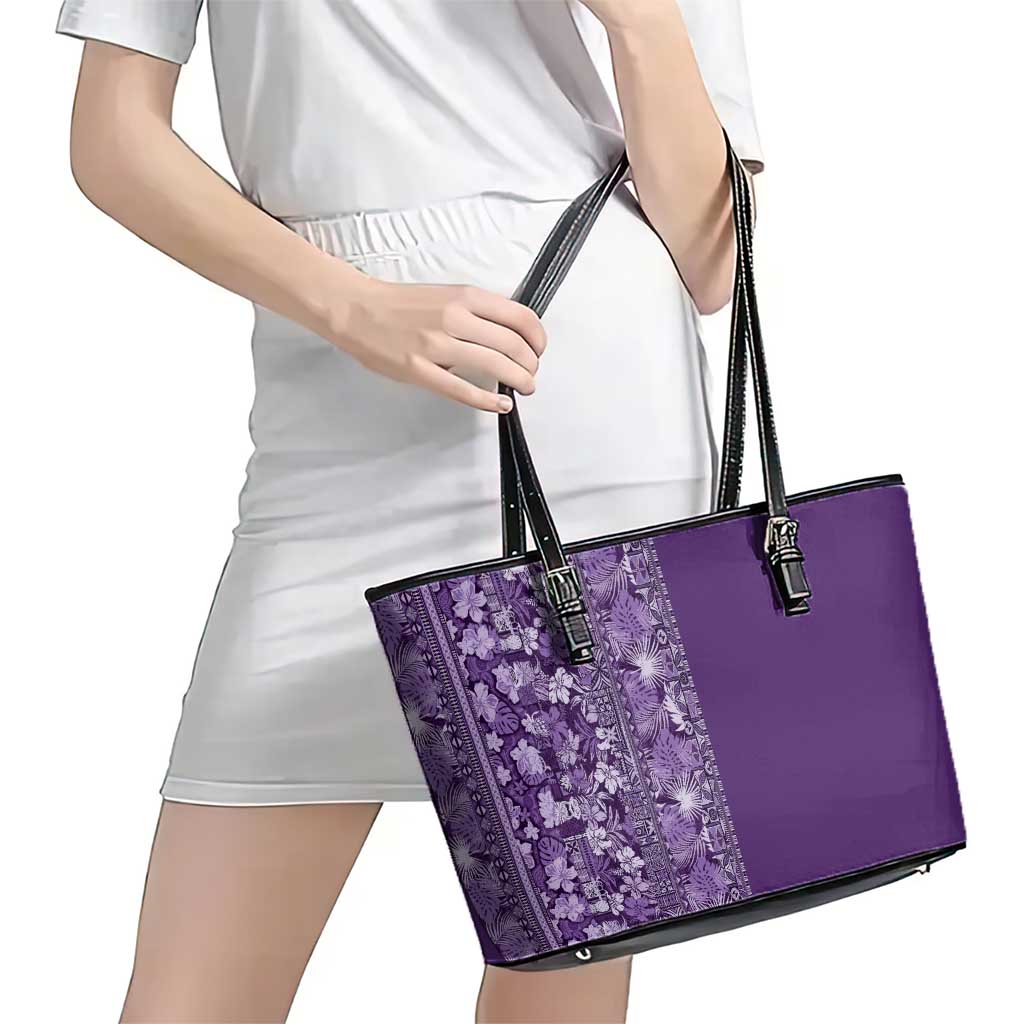 Hawaiian Tribal Elements Hibiscus Leather Tote Bag Purple Pattern LT9 - Polynesian Pride