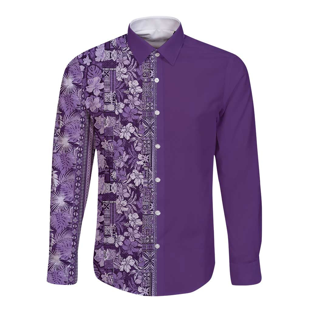 Hawaiian Tribal Elements Hibiscus Long Sleeve Button Shirt Purple Pattern - Polynesian Pride