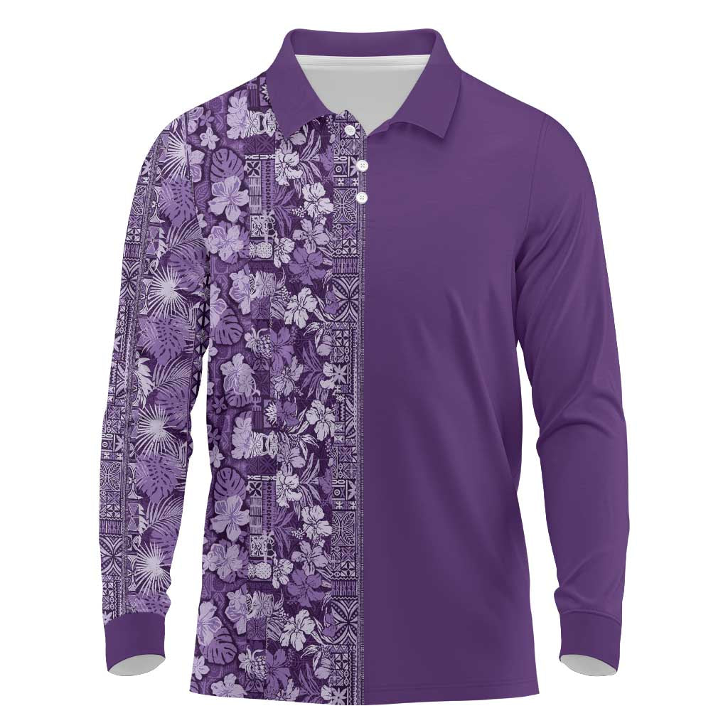 Hawaiian Tribal Elements Hibiscus Long Sleeve Polo Shirt Purple Pattern - Polynesian Pride