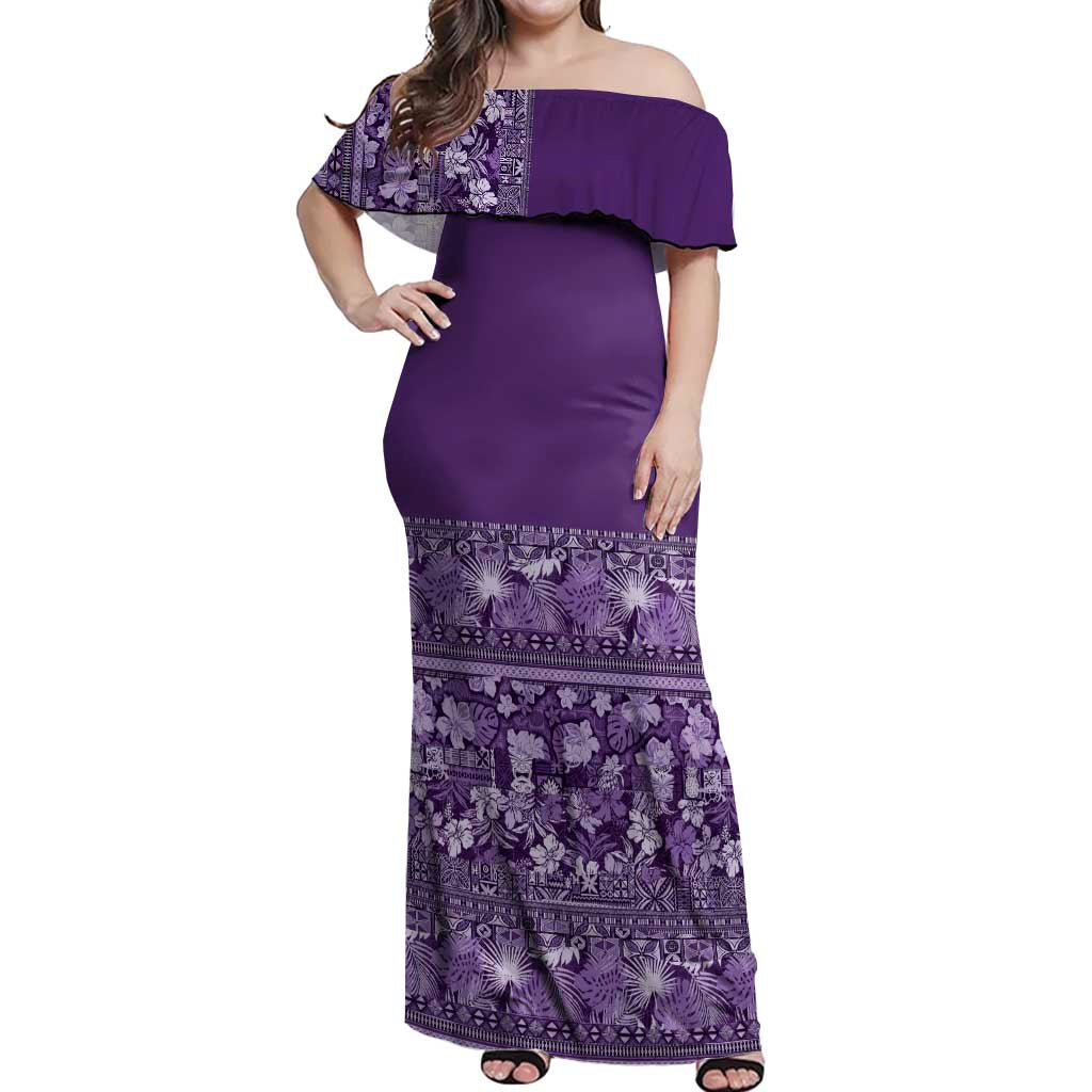 Hawaiian Tribal Elements Hibiscus Off Shoulder Maxi Dress Purple Pattern - Polynesian Pride
