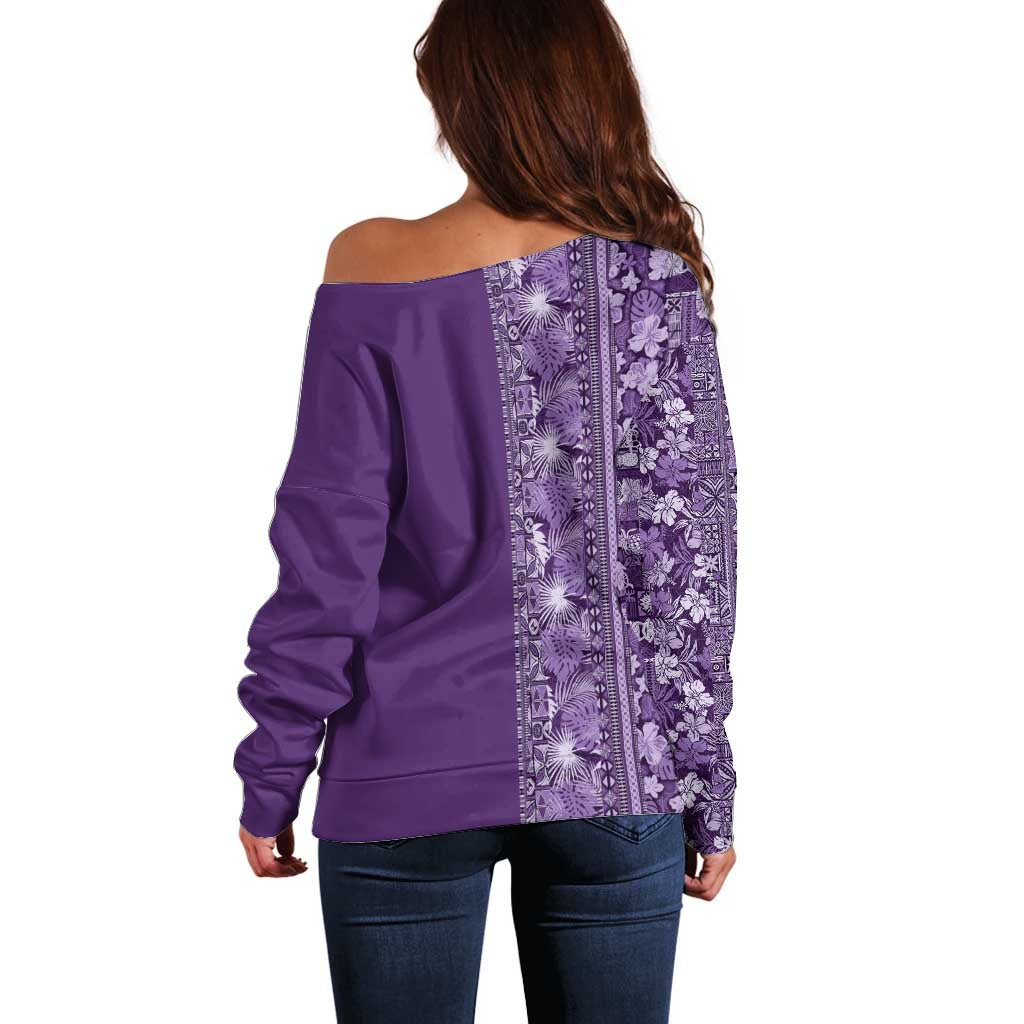 Hawaiian Tribal Elements Hibiscus Off Shoulder Sweater Purple Pattern - Polynesian Pride