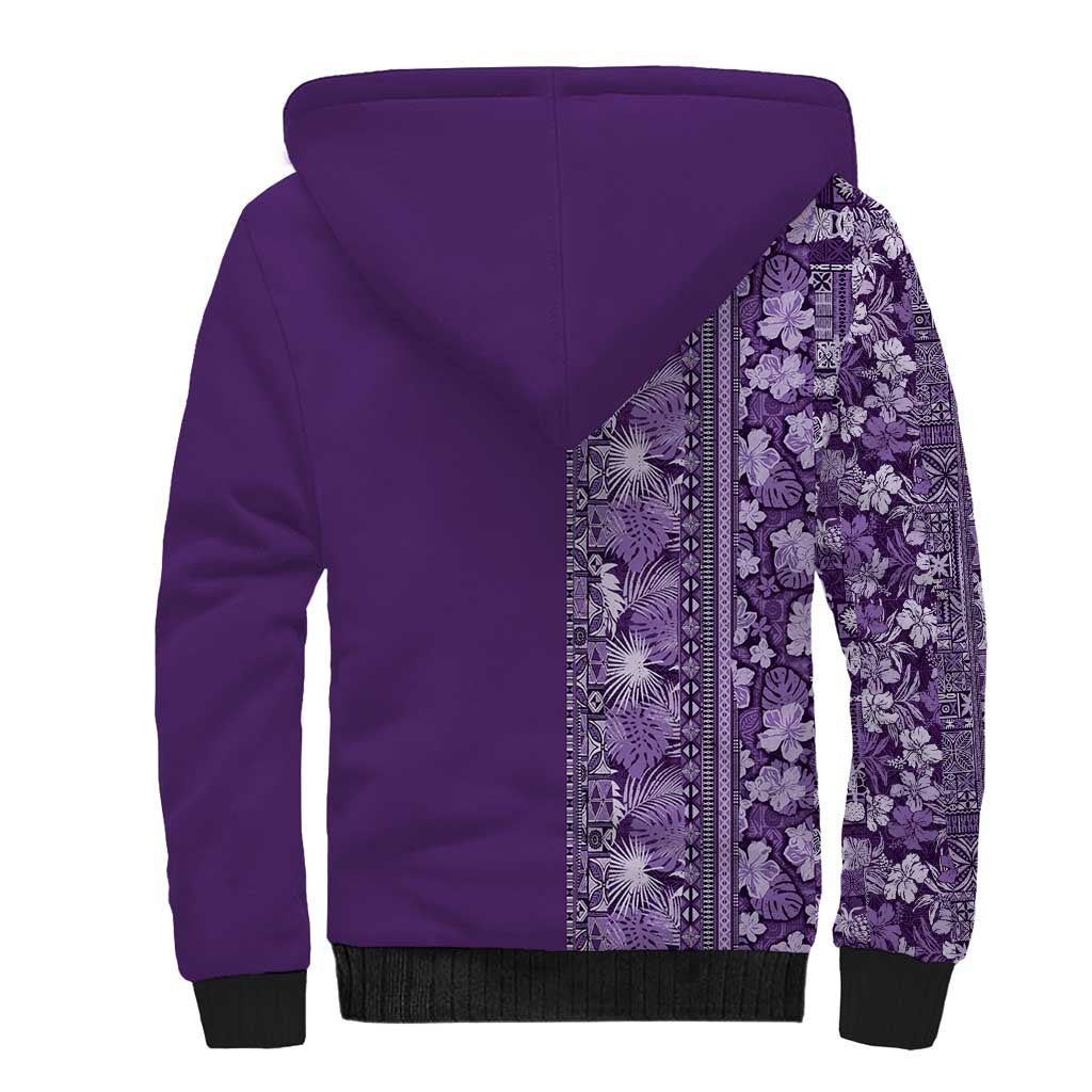 Hawaiian Tribal Elements Hibiscus Sherpa Hoodie Purple Pattern - Polynesian Pride