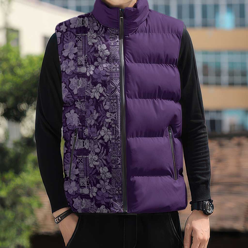 Hawaiian Tribal Elements Hibiscus Sleeveless Puffer Jacket Purple Pattern - Polynesian Pride