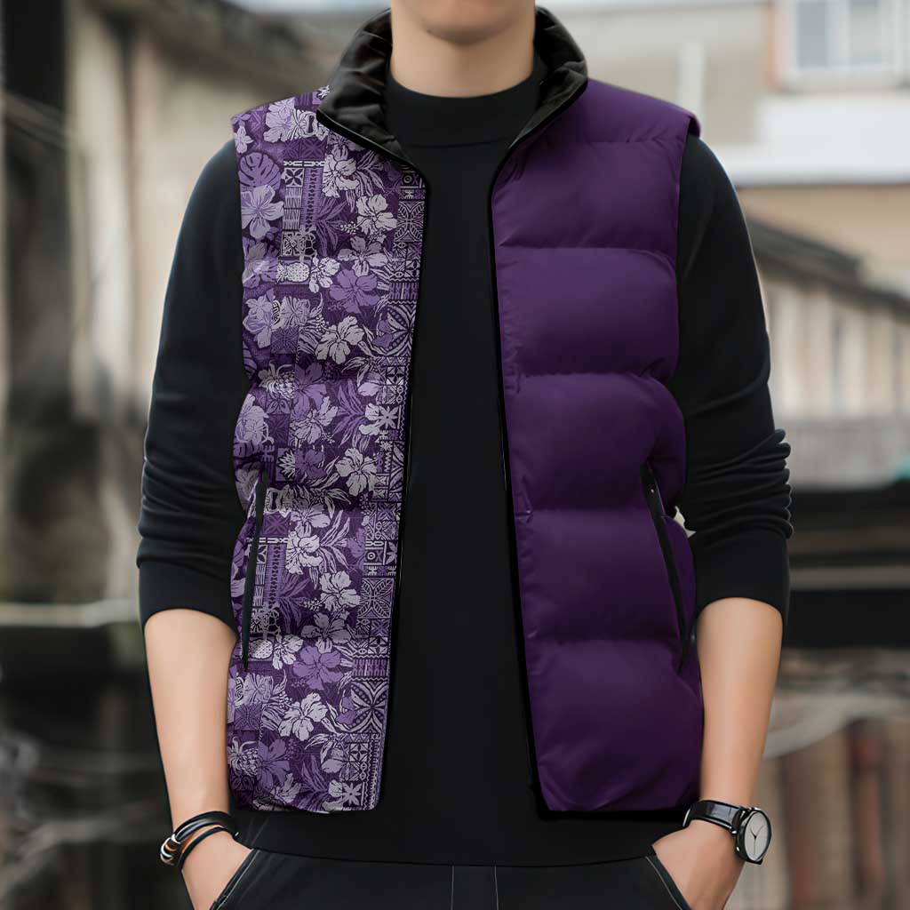 Hawaiian Tribal Elements Hibiscus Sleeveless Puffer Jacket Purple Pattern - Polynesian Pride