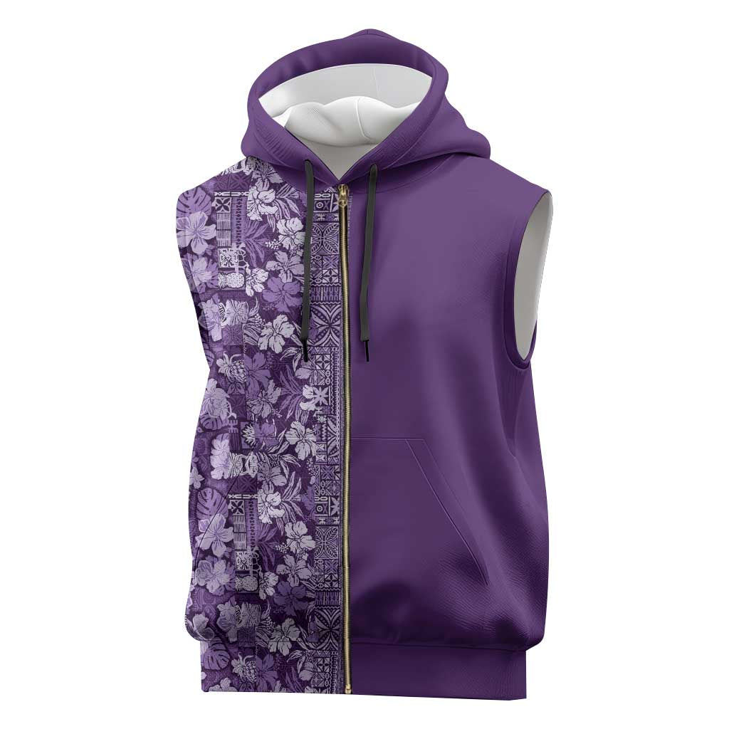 Hawaiian Tribal Elements Hibiscus Sleeveless Zip Hoodie Purple Pattern - Polynesian Pride
