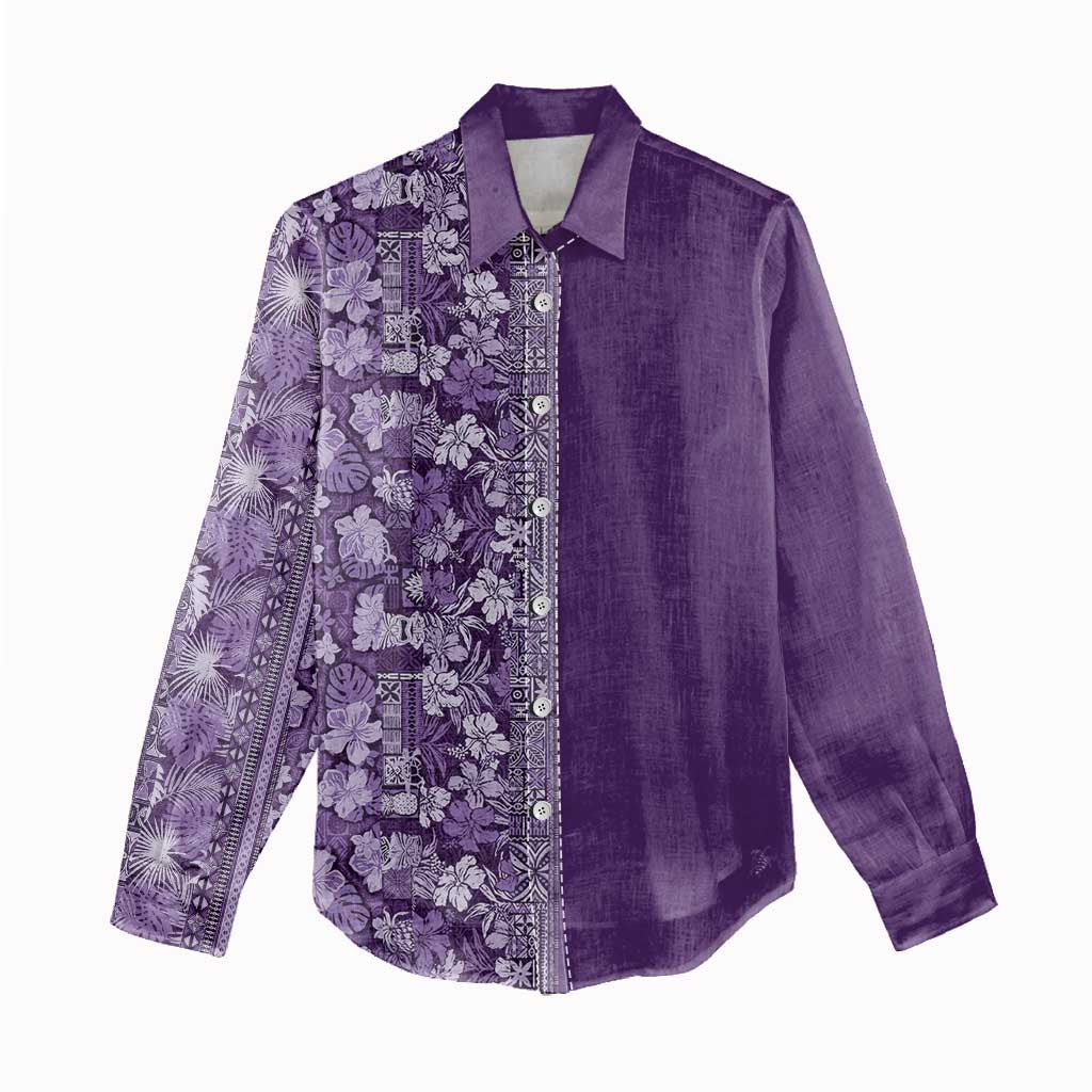 Hawaiian Tribal Elements Hibiscus Women Casual Shirt Purple Pattern - Polynesian Pride
